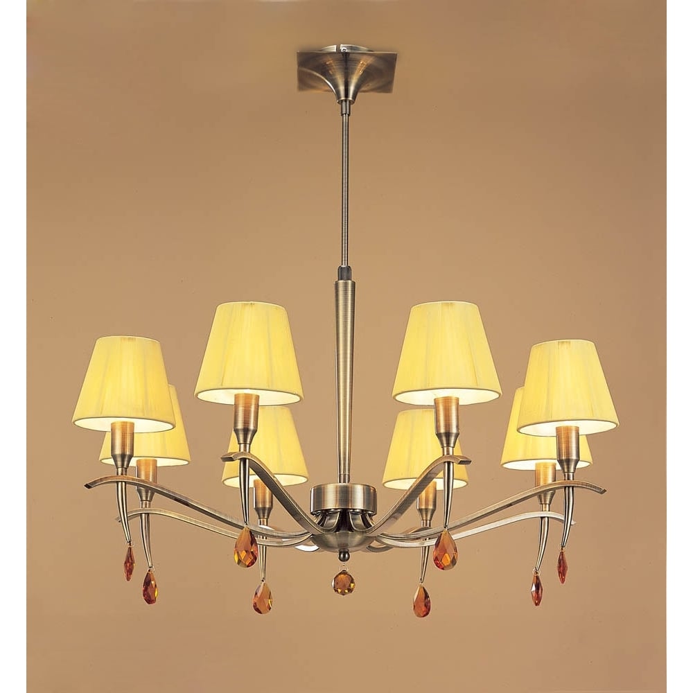 M0341AB Siena Pendant Round 8 Light E14 Antique Brass Amber Cream Shades And Amber Crystal