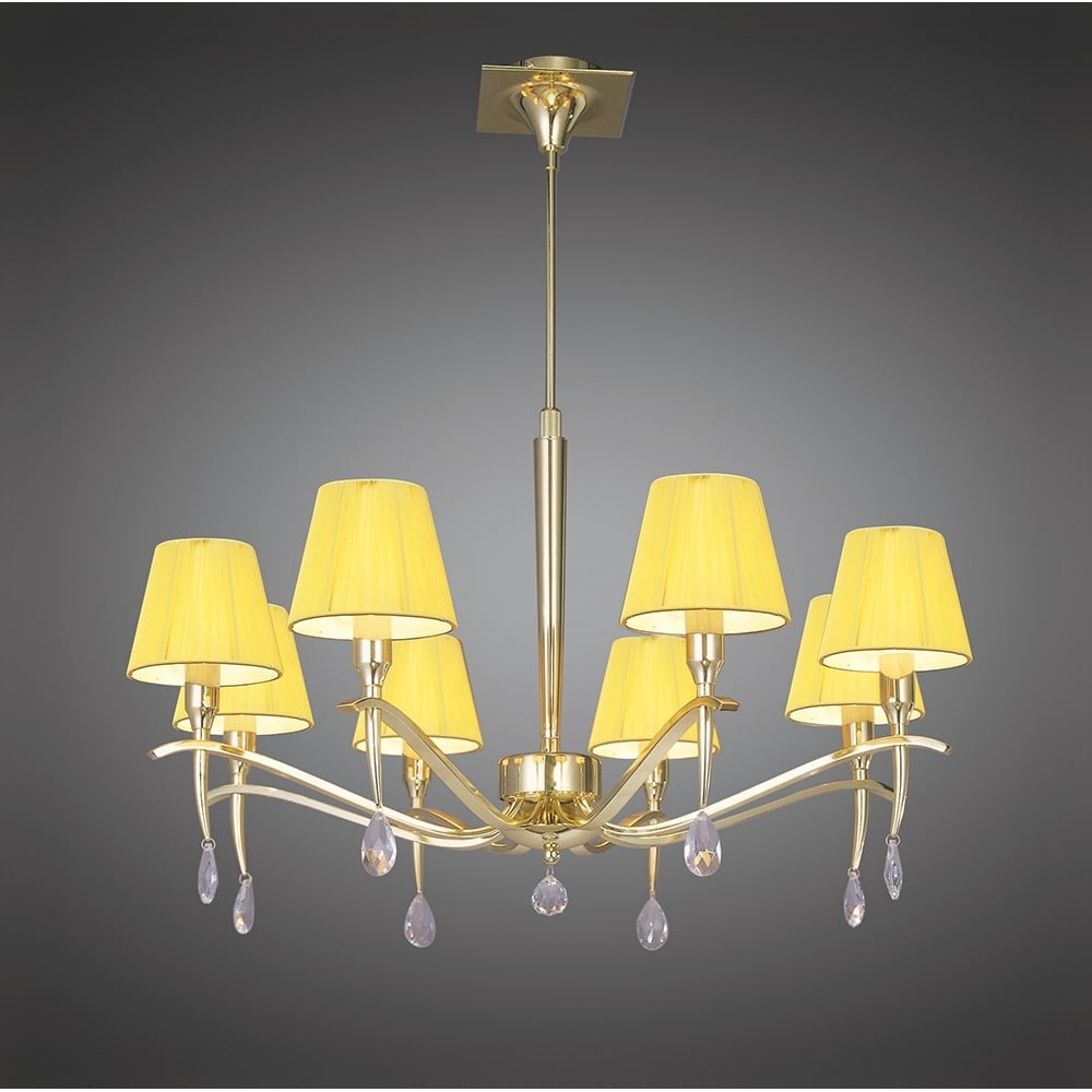 M0341PB Siena Pendant Round 8 Light E14 Polished Brass Amber Cream Shades And Clear Crystal