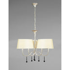 M0530/CS Paola Pendant 3 Arm 6 Light E14 Silver Painted Cream Shades & Black Glass Droplets