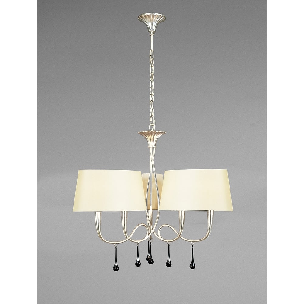 M0530/CS Paola Pendant 3 Arm 6 Light E14 Silver Painted Cream Shades & Black Glass Droplets