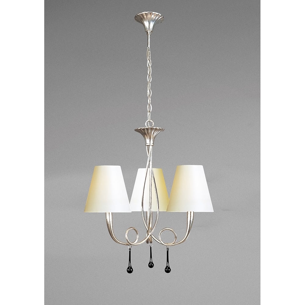 M0532/CS Paola Pendant 3 Light E14 Silver Painted Cream Shades & Black Glass Droplets