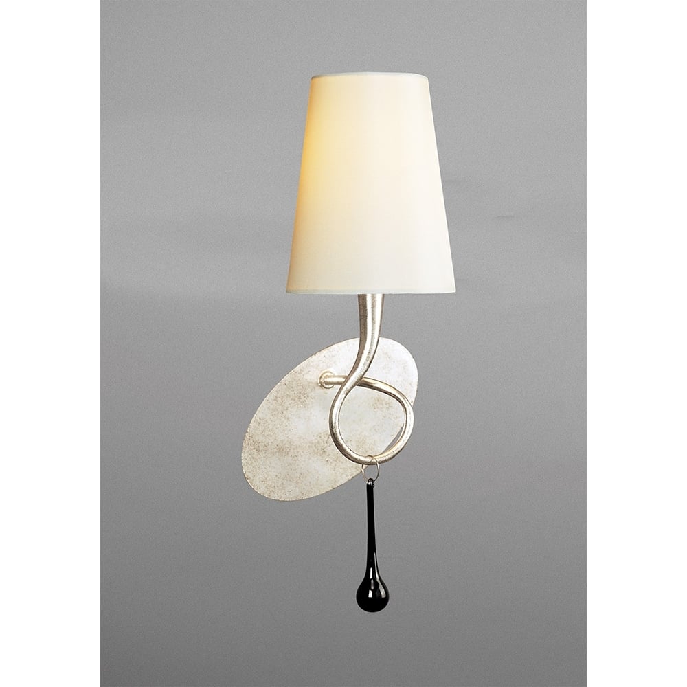 M0538/S/CS Paola Wall Lamp Switched 1 Light E14 Silver Painted Cream Shade & Black Glass Droplets