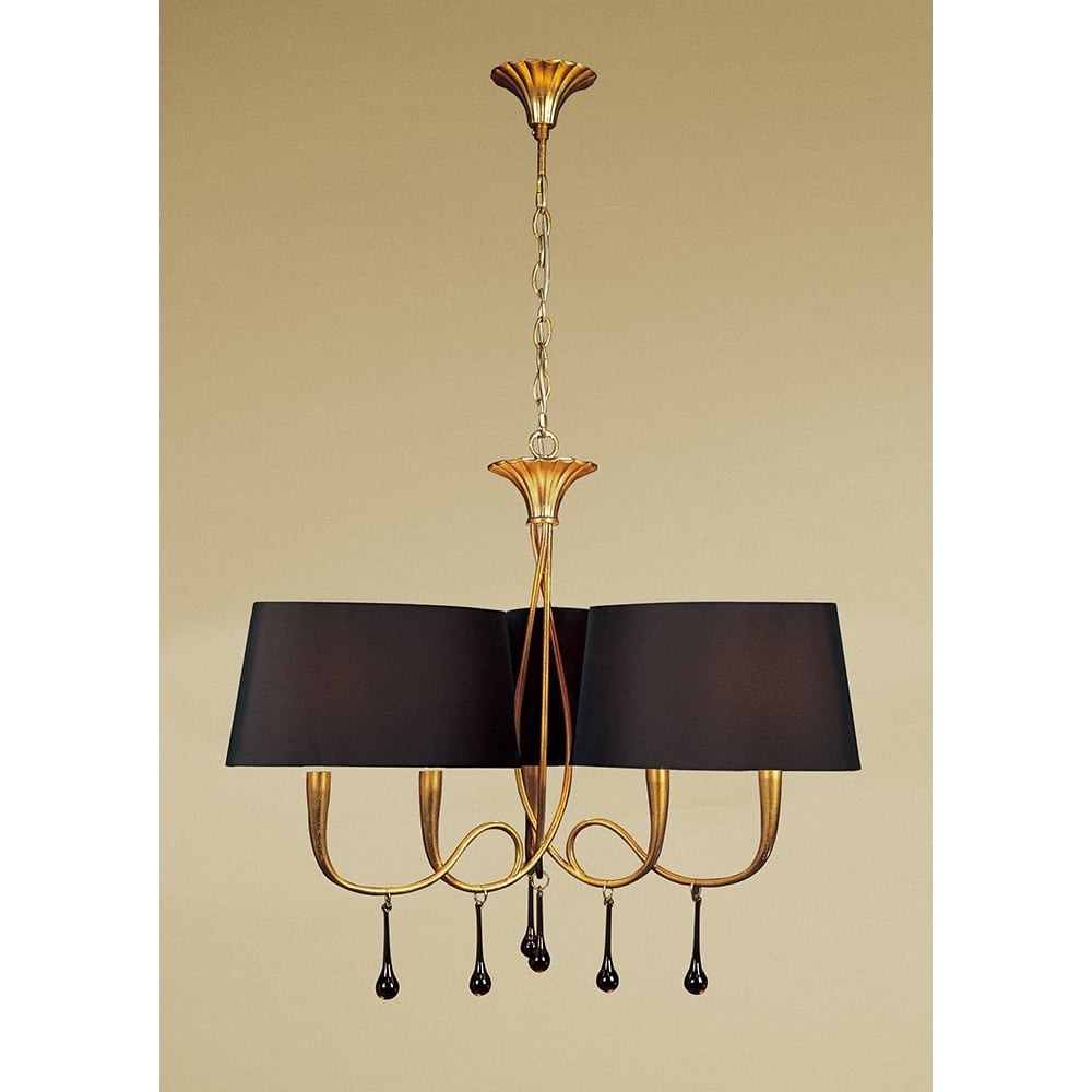 M0540/BS Paola Pendant 3 Arm 6 Light E14 Gold Painted Black Shades & Amber Glass Droplets