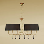 M0541/BS Paola Linear Pendant 2 Arm 6 Light E14 Gold Painted Black Shades & Amber Glass Droplets