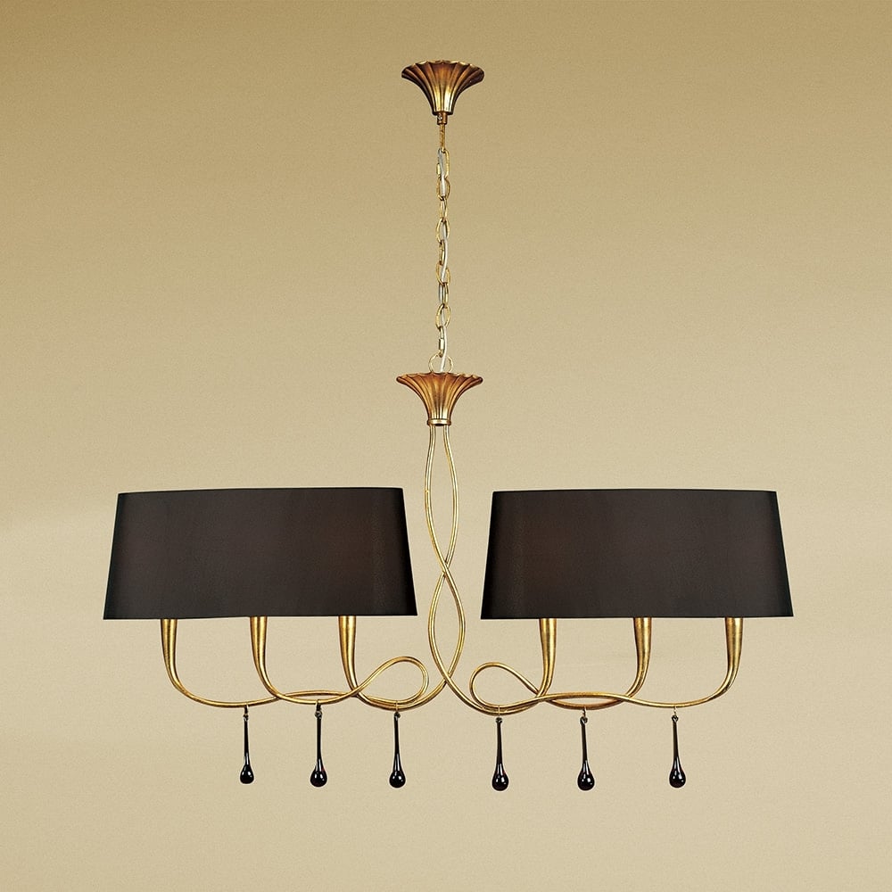 M0541/BS Paola Linear Pendant 2 Arm 6 Light E14 Gold Painted Black Shades & Amber Glass Droplets