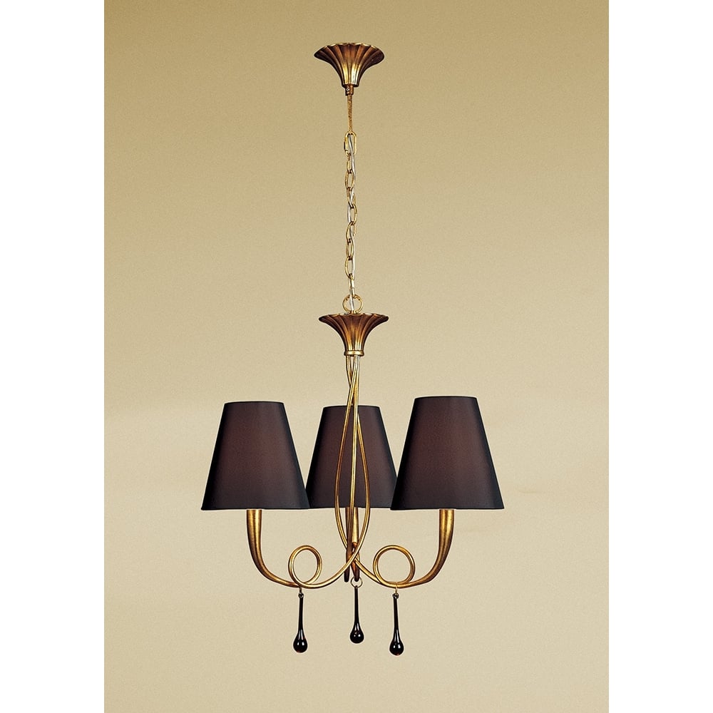 M0542/BS Paola Pendant 3 Light E14 Gold Painted Black Shades & Amber Glass Droplets
