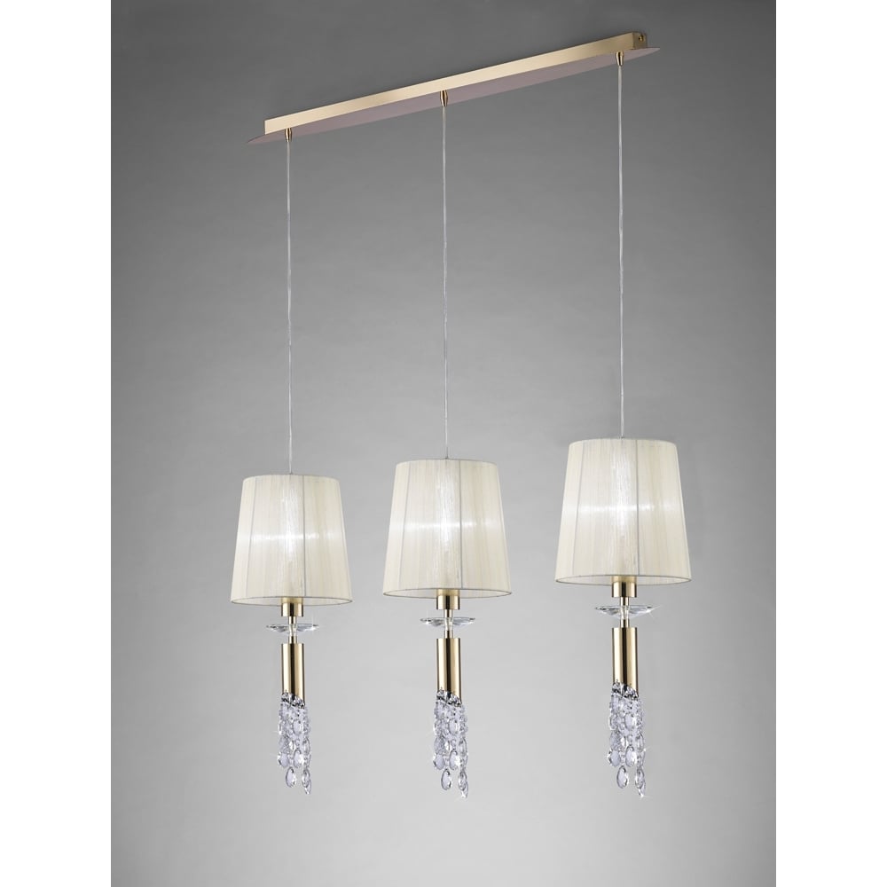 M3855FG Tiffany Linear Pendant 3+3 Light E27+G9 Line French Gold Cream Shades & Clear Crystal