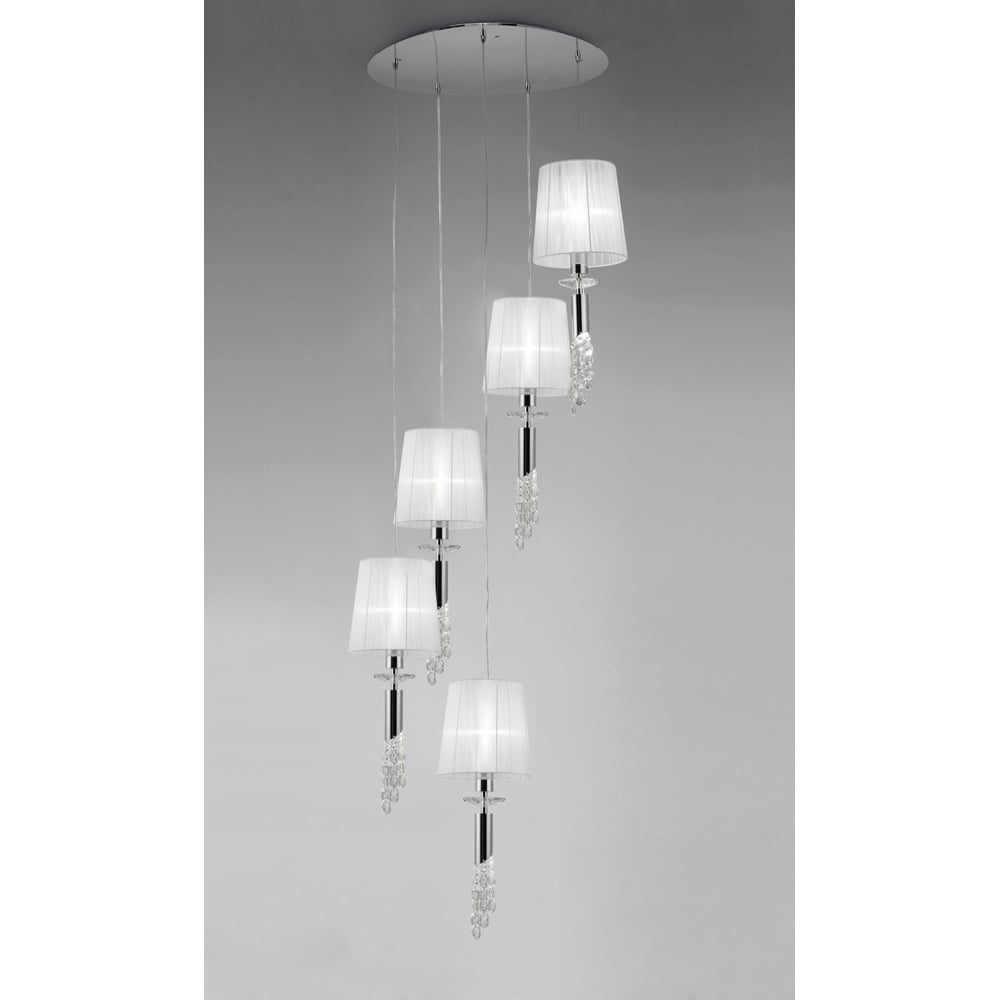 M3857 Tiffany Pendant 5+5 Light E27+G9 Spiral Polished Chrome White Shades & Clear Crystal