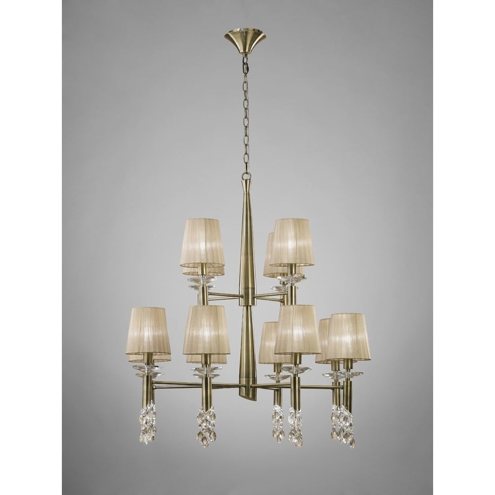 M3870 Tiffany Pendant 2 Tier 12+12 Light E14+G9 Antique Brass Soft Bronze Shades & Clear Crystal