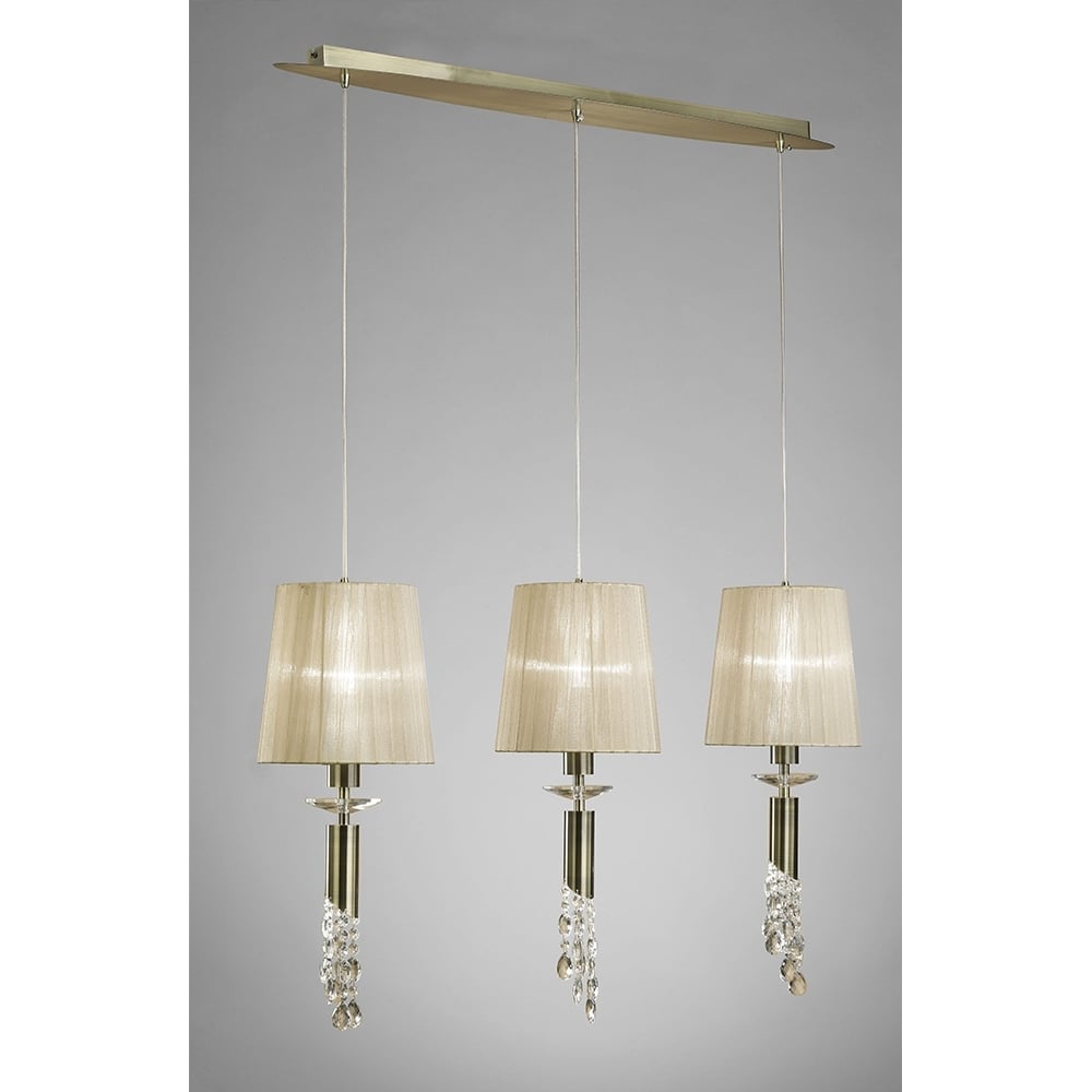 M3875 Tiffany Linear Pendant 3+3 Light E27+G9 Line Antique Brass Soft Bronze Shades & Clear Crystal