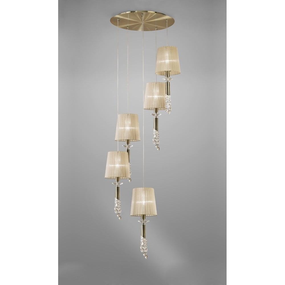 M3877 Tiffany Pendant 5+5 Light E27+G9 Spiral Antique Brass Soft Bronze Shades & Clear Crystal