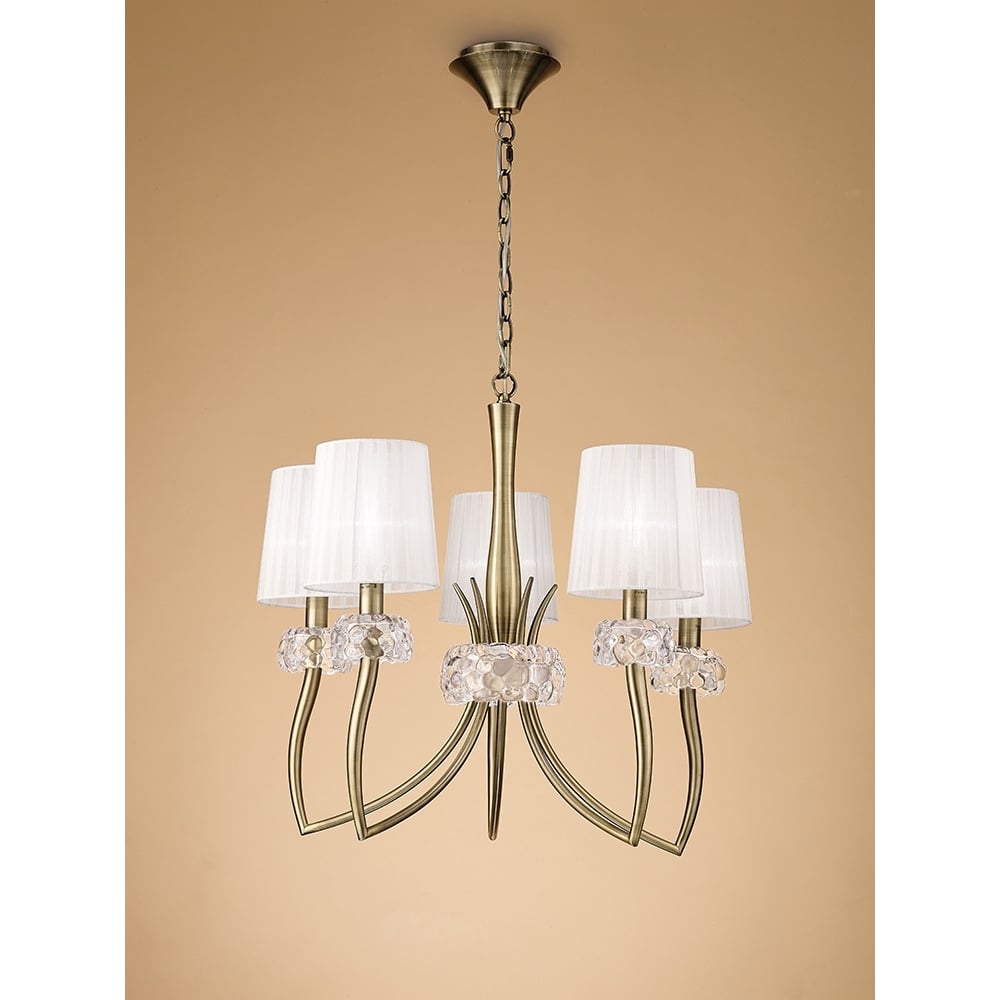 M4631AB Loewe Pendant 5 Light E14 Antique Brass Cream Shades