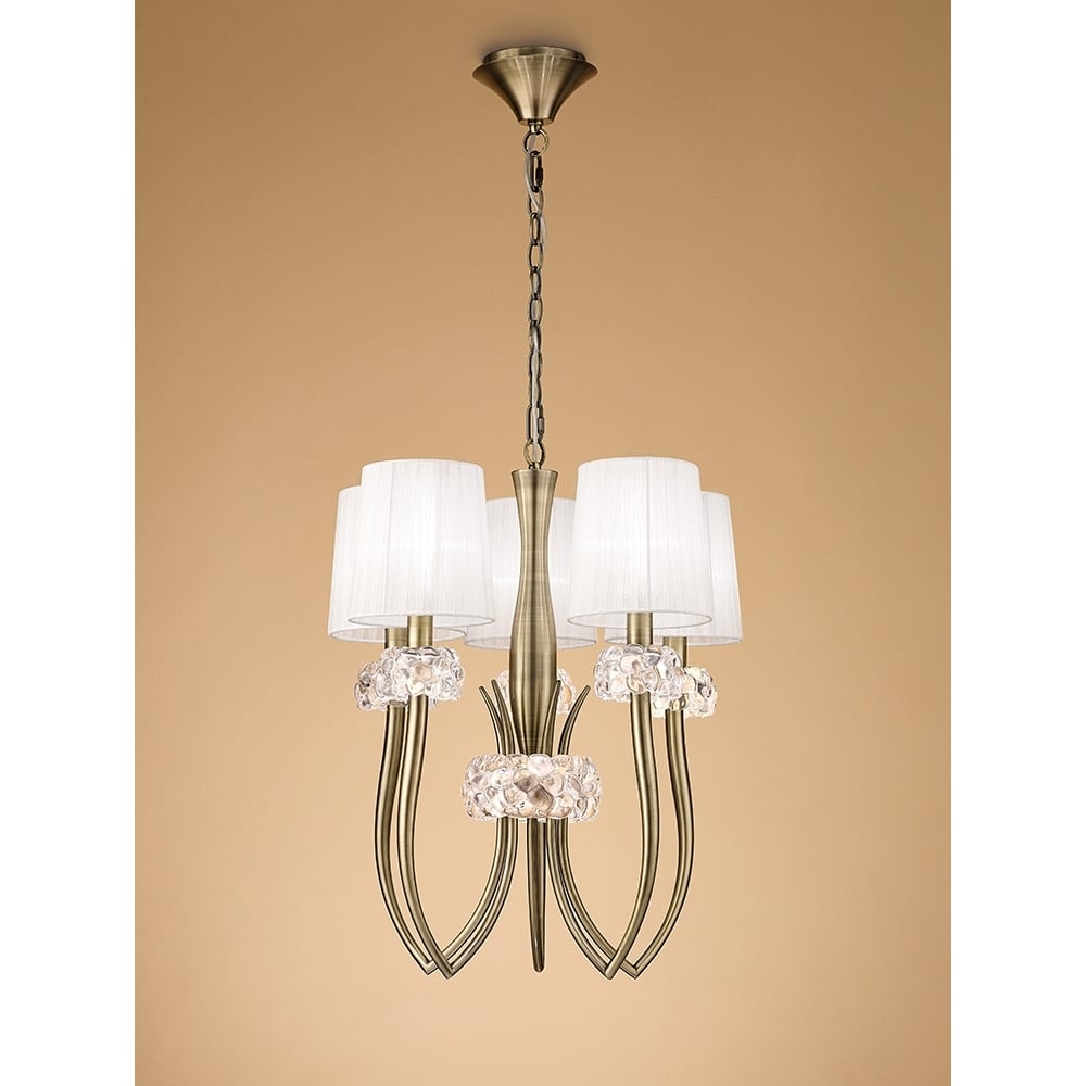 M4632AB Loewe Slim Pendant 5 Light E14 Antique Brass Cream Shades