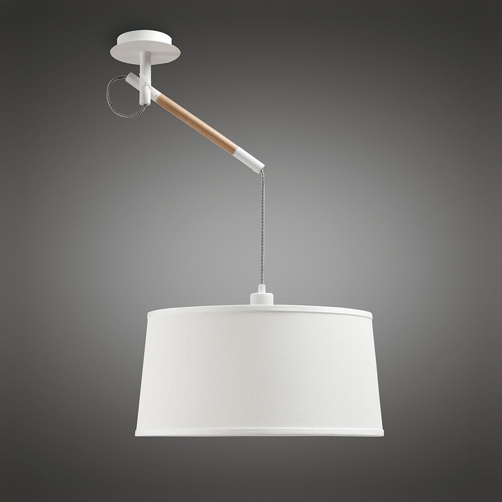 M4928 Nordica Multi Position Pendant White Shade 1 Light E27 Matt White/Beech Ivory White Shade
