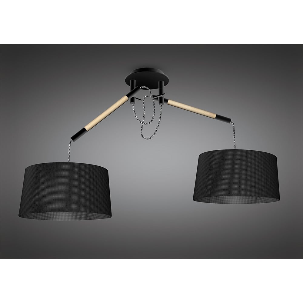 M4931 Nordica Linear Pendant Black Shade 2 Light E27 Matt Black/Beech Black Shades