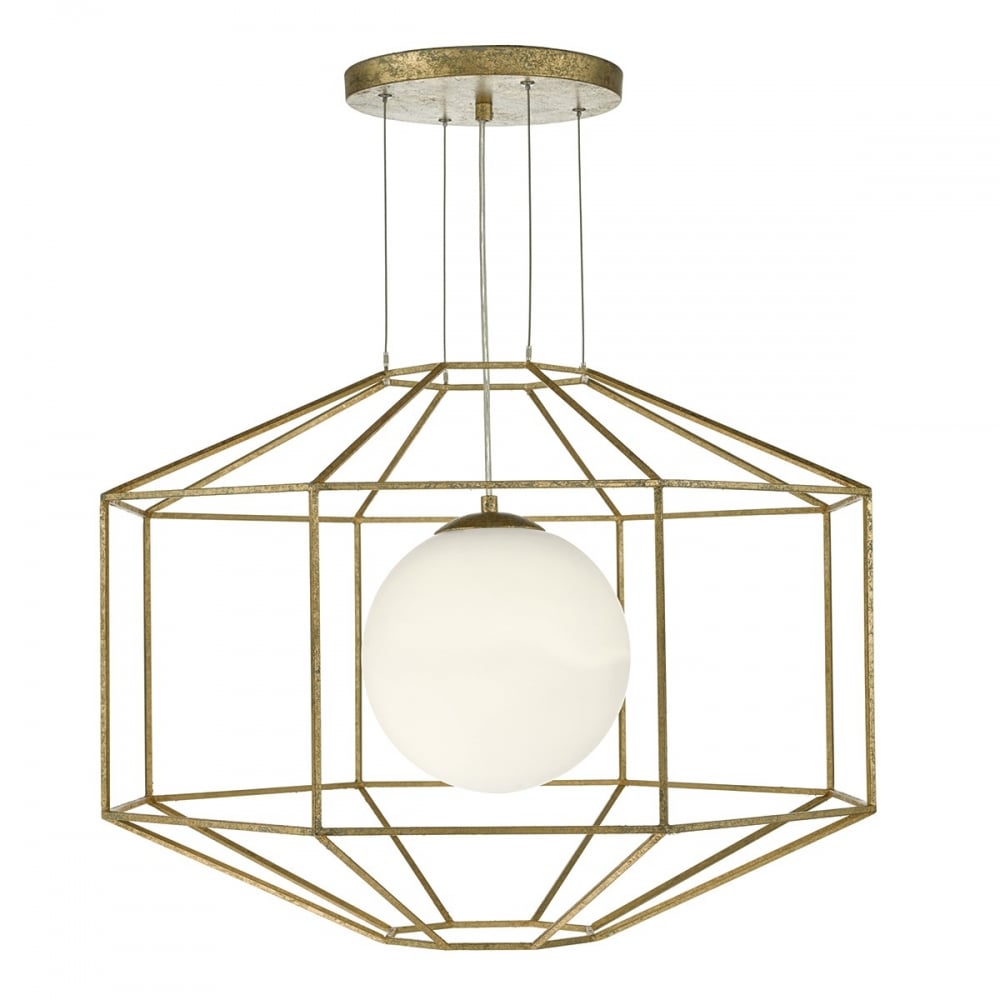 Dar IZM0135 Izmir 1 Light Pendant Hexagonal Gold Effect Opal Glass
