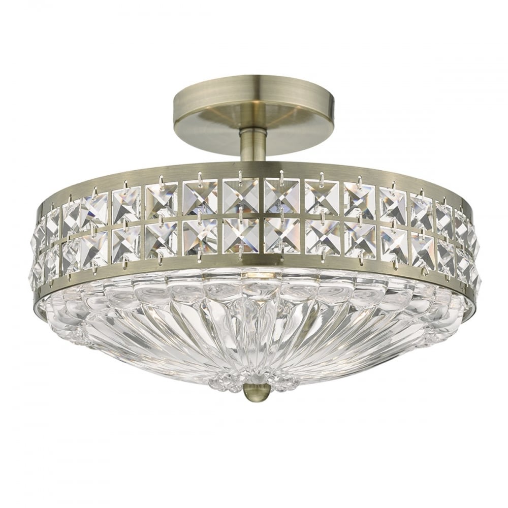 Dar OLO5375 Olona 3 Light Semi Flush Antique Brass And Clear Crystal