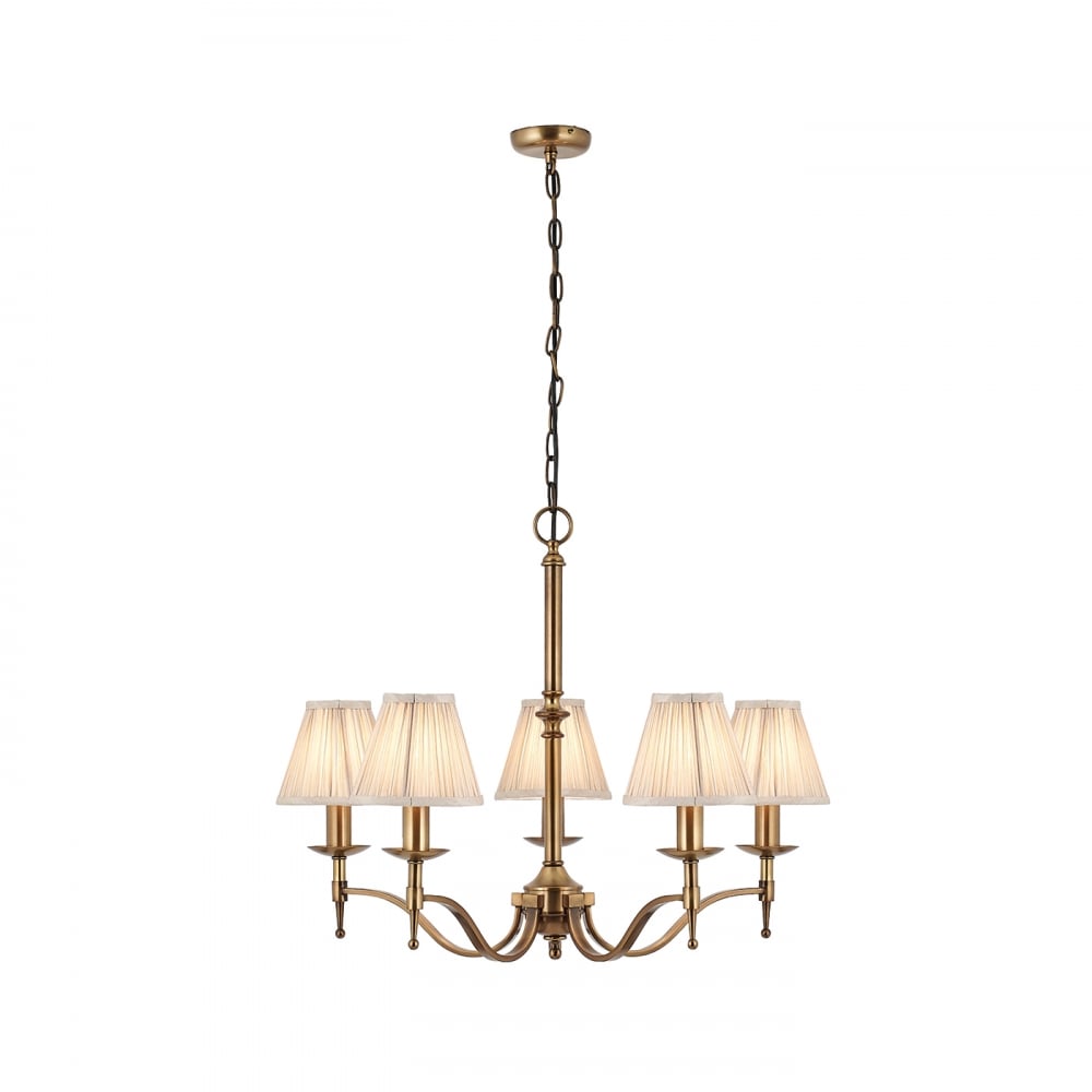 63627 Stanford Antique Brass 5 Light Pendant Beige Shades