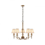 63627 Stanford Antique Brass 5 Light Pendant Beige Shades