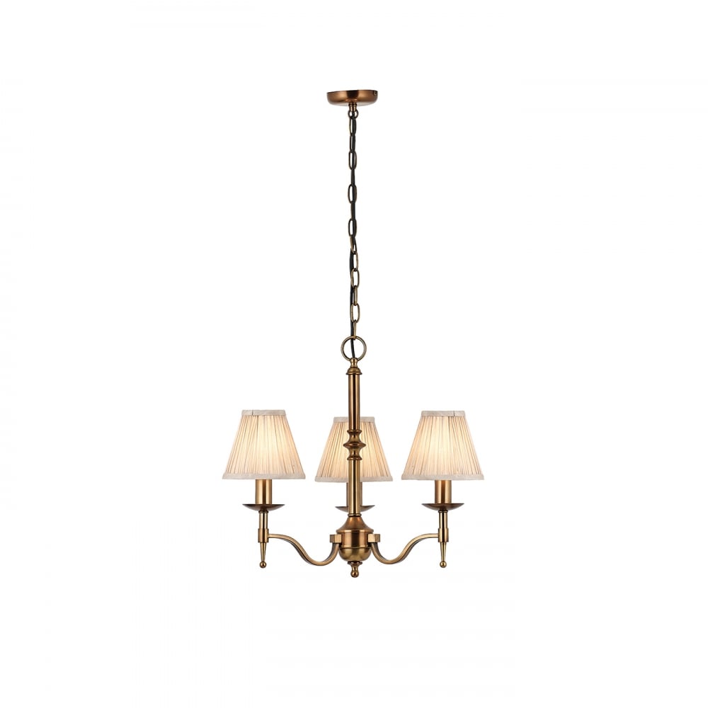 63628 Stanford Antique Brass 3 Light Pendant Beige Shades