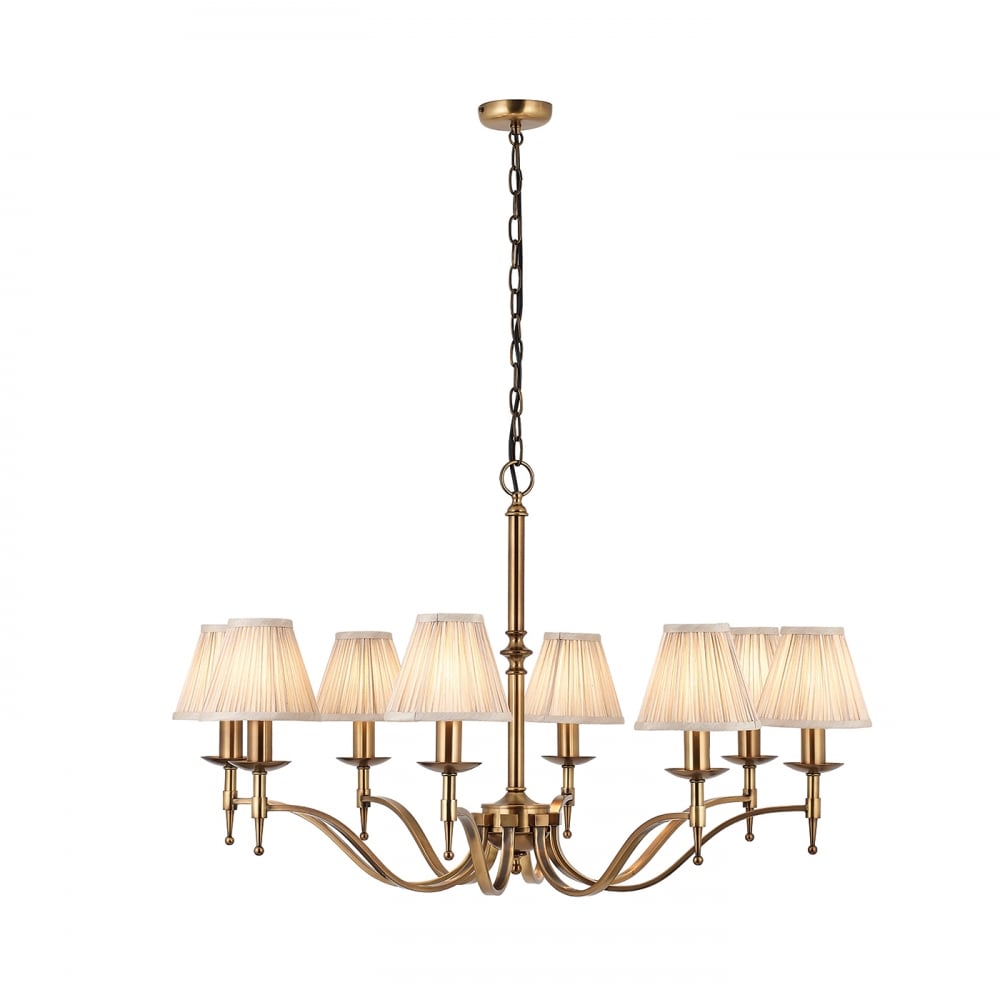 63629 Stanford Antique Brass 8 Light Pendant Beige Shades