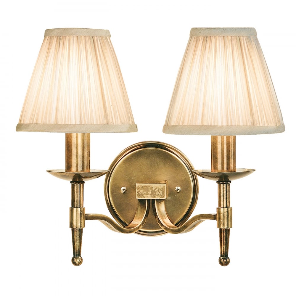 63654 Stanford Antique Brass Twin Wall Light Beige Shades