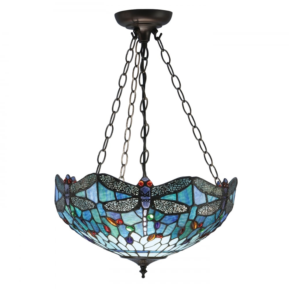 64075 Dragonfly Blue Tiffany Medium Inverted 3 Light Pendant