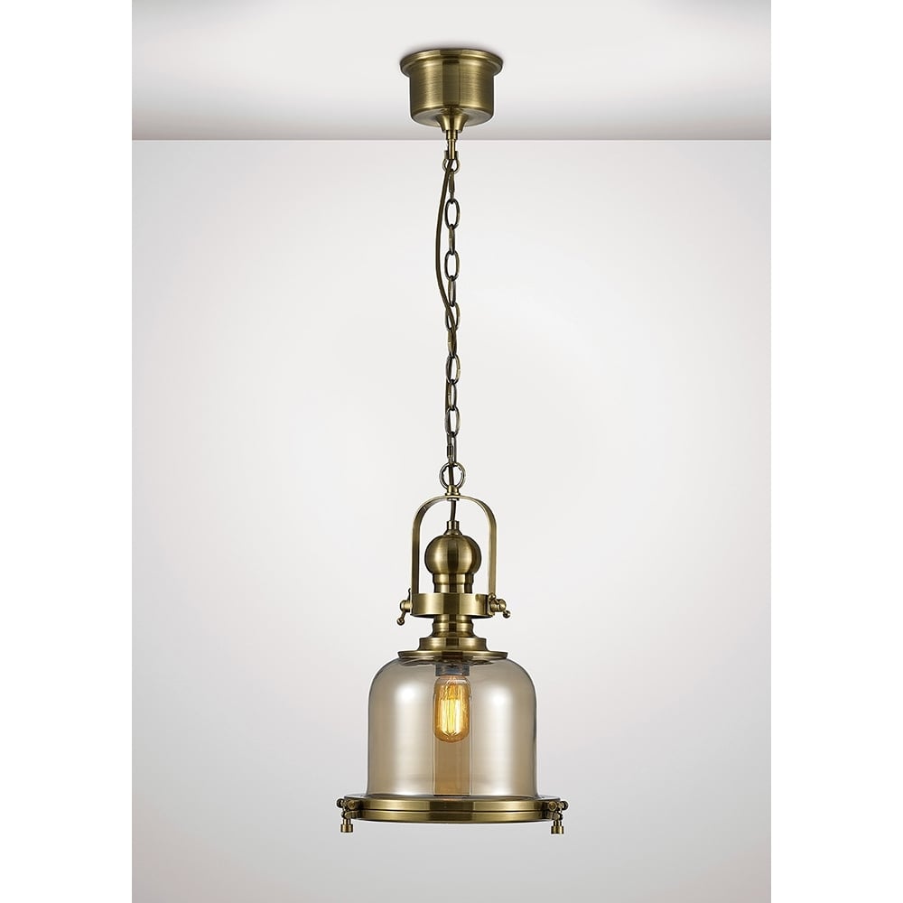 Diyas IL31593 Riley Single Small Bell Pendant Brass/Cognac Glass