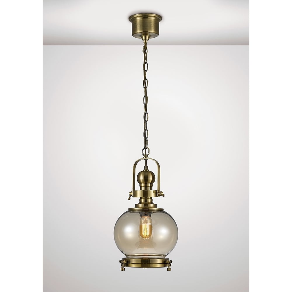 Diyas IL31596 Riley Single Small Ball Pendant Brass/Cognac Glass