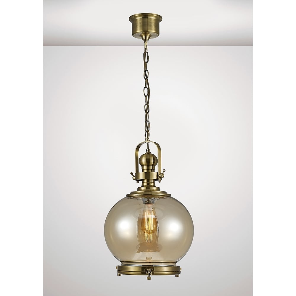 Diyas IL31597 Riley Single Medium Ball Pendant Brass/Cognac Glass