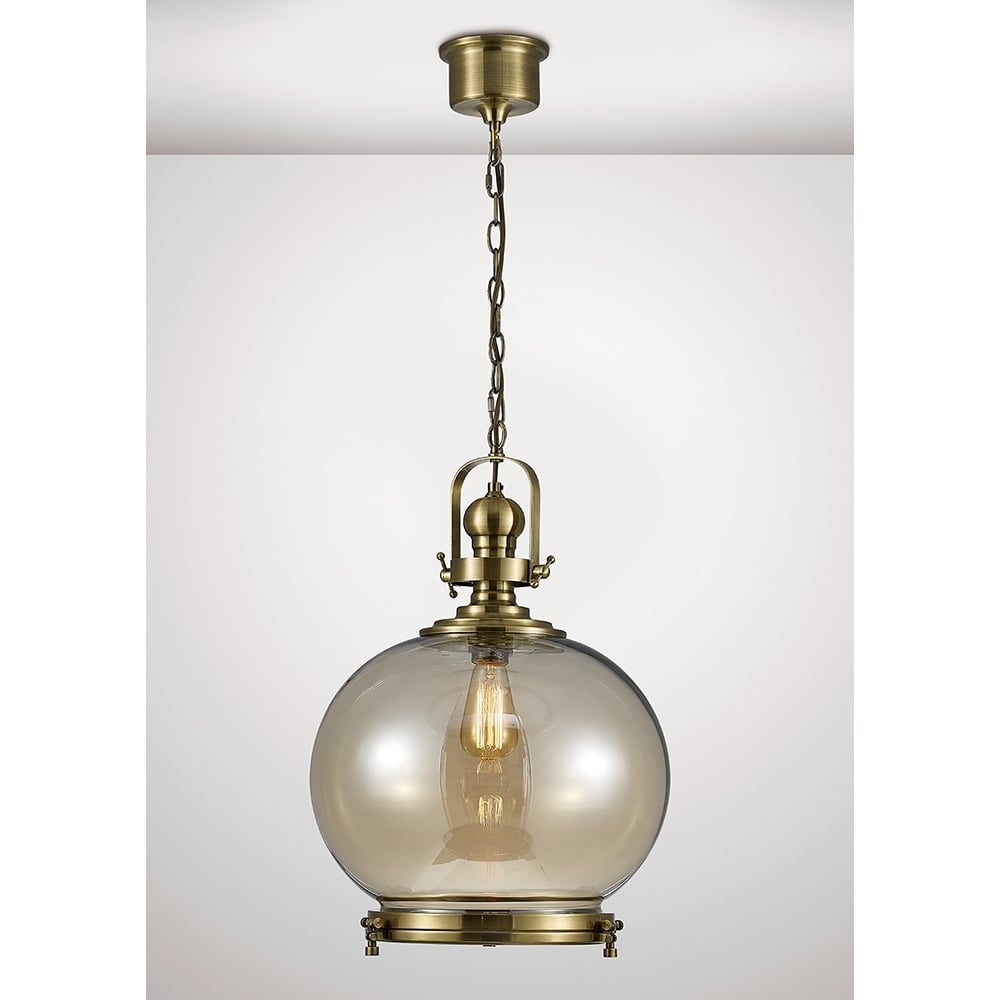 Diyas IL31598 Riley Single Large Ball Pendant Brass/Cognac Glass