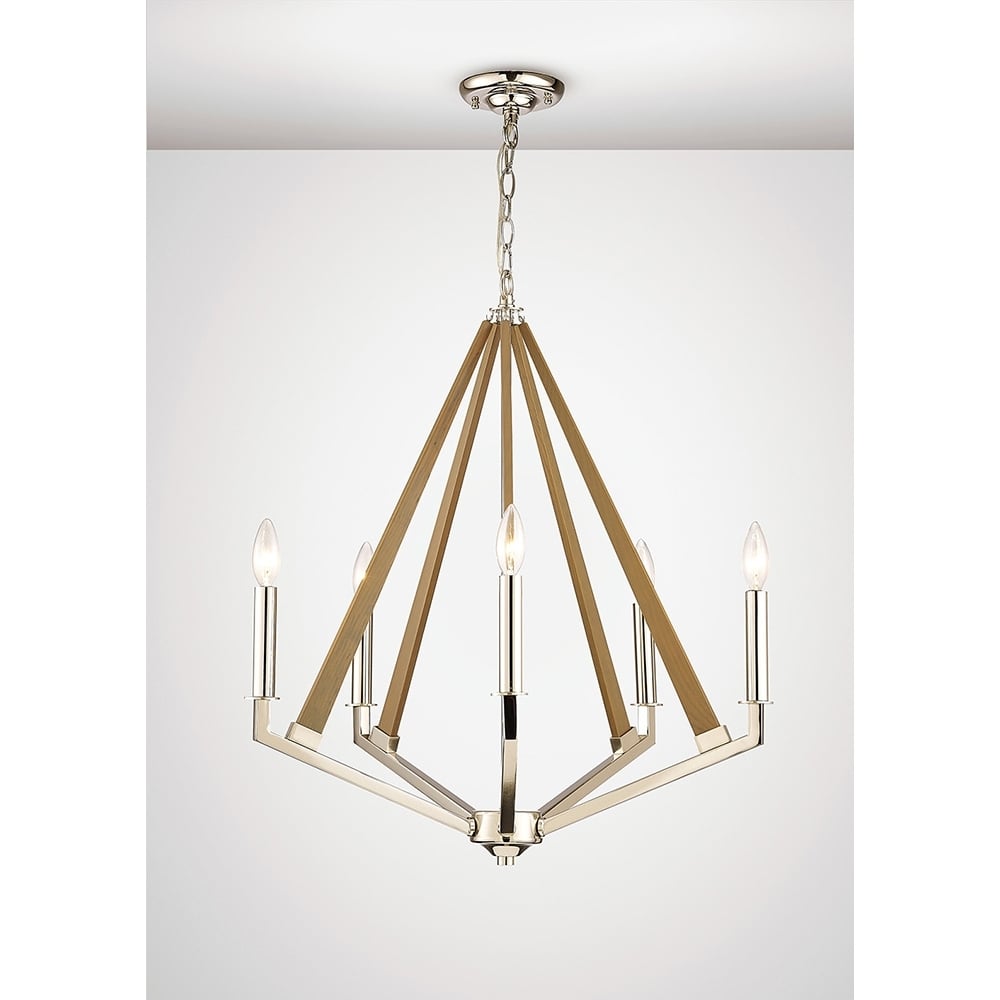 Diyas IL31682 Hilton Pentagonal Pendant 5 Light Nickel/Taupe Wood