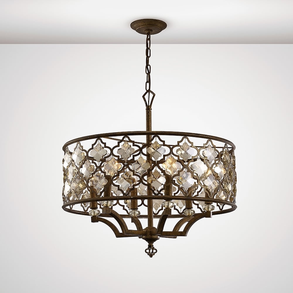 Diyas IL31696 Indie Pendant 6 Light Round Mocha/Teak Plated Crystal (C)
