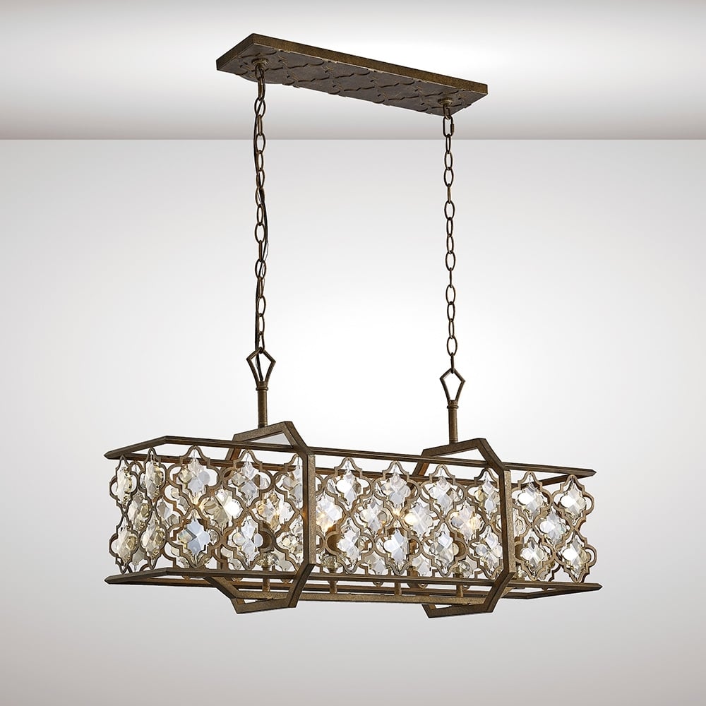Diyas IL31697 Indie Pendant 6 Light Rectangle Mocha/Teak Crystal