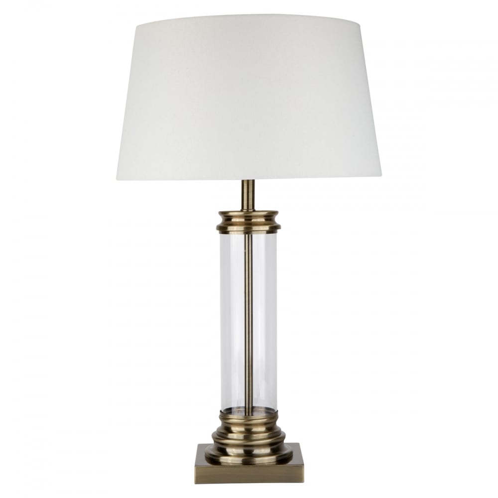 5141AB Pedestal Table Lamp - Glass Column & Antique Brass Base Cream Shade