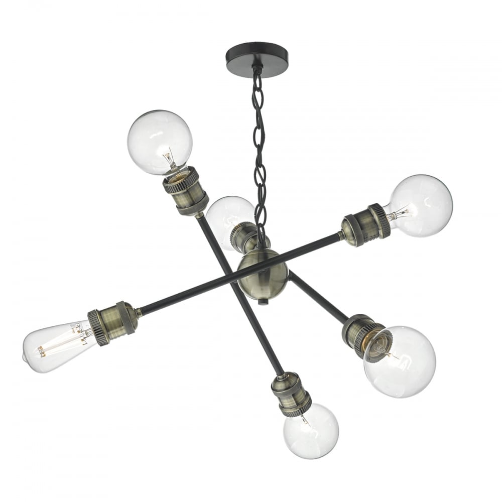 Dar BRI0654 Brigade 6 Light Pendant Black/Antique Brass