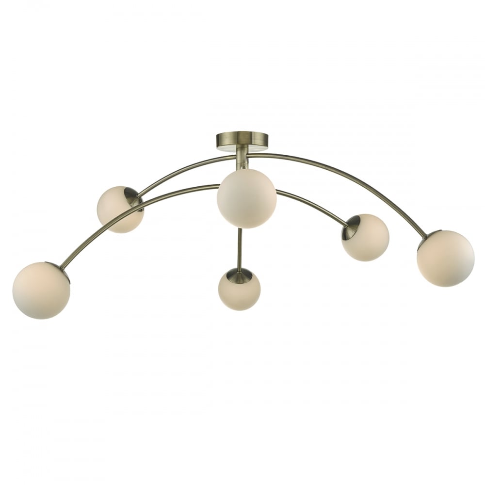 Dar PUG6475 Puglia 6 Light Semi Flush Adjustable Antique Brass/ Opal