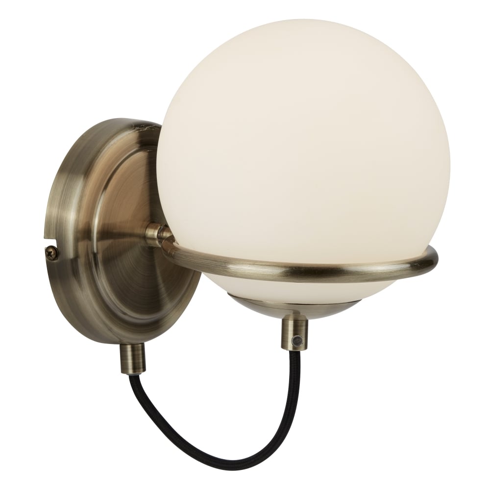 7091AB Sphere 1 Light Wall Bracket Antique Brass Black Braided Cable Opal White Glass Shades