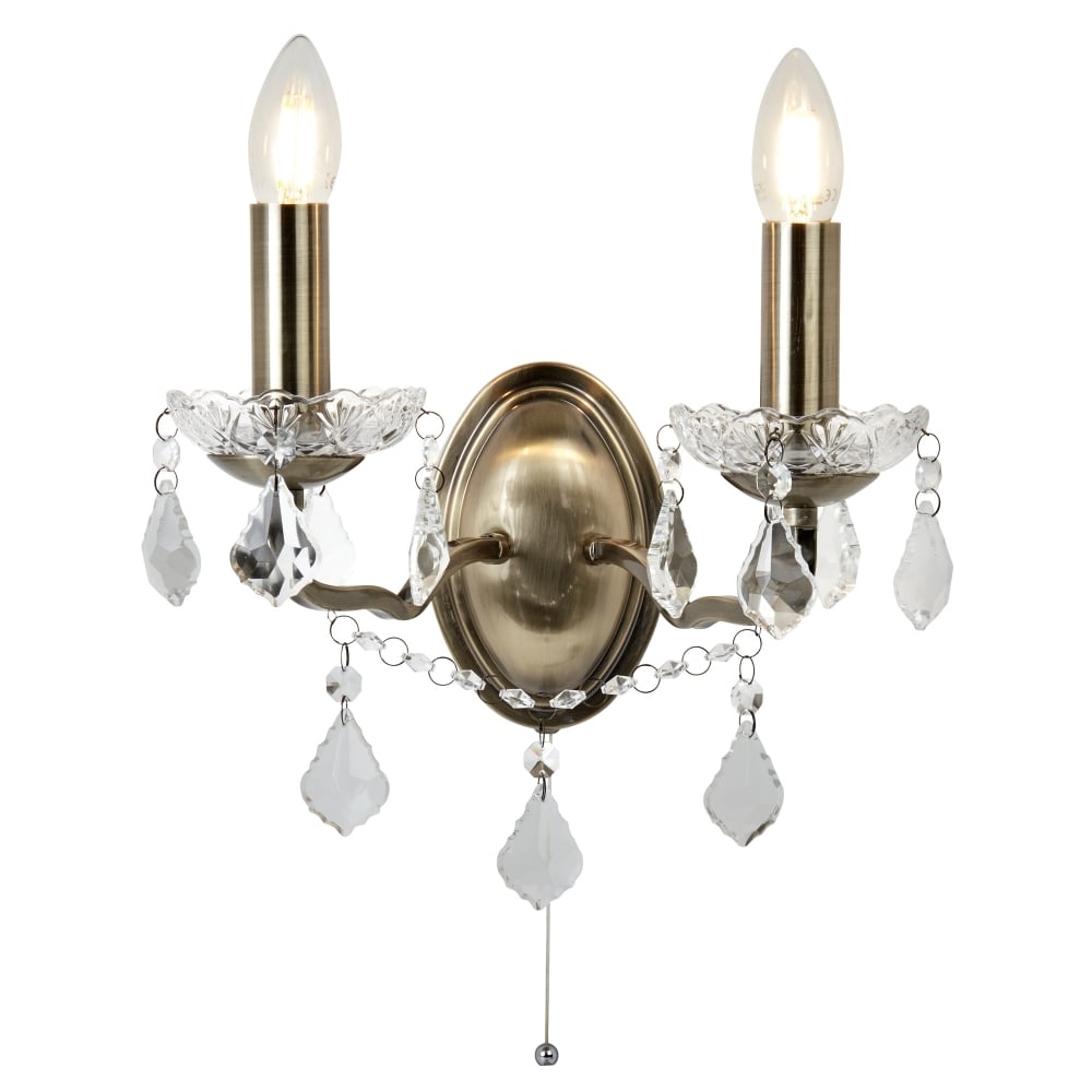 8732-2AB Paris 2 Light Wall Bracket Clear Crystal Drops & Trim Antique Brass