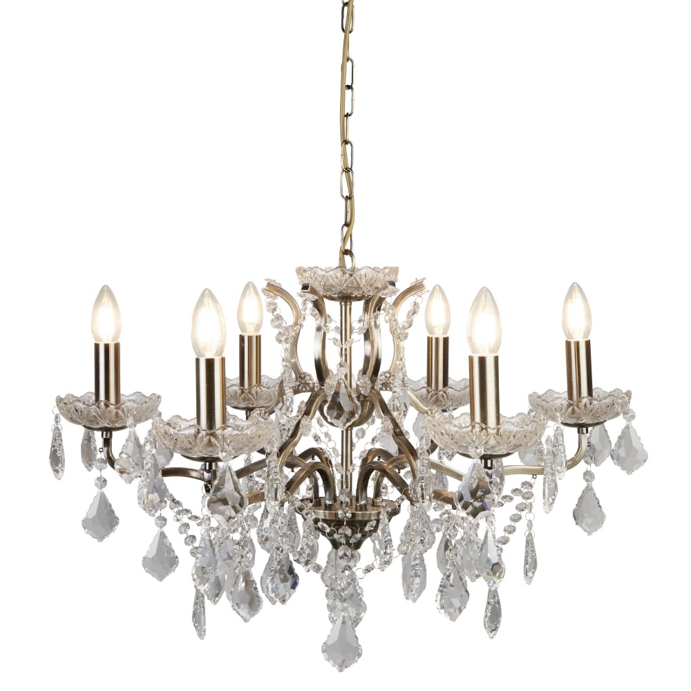 8736-6AB Paris 6 Light Chandelier Clear Crystal Drops & Trim Antique Brass