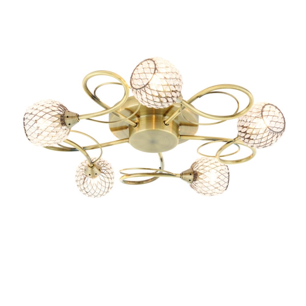 73757 Aherne 5 Light Semi Flush Ceiling Antique Brass Clear Bead Shade
