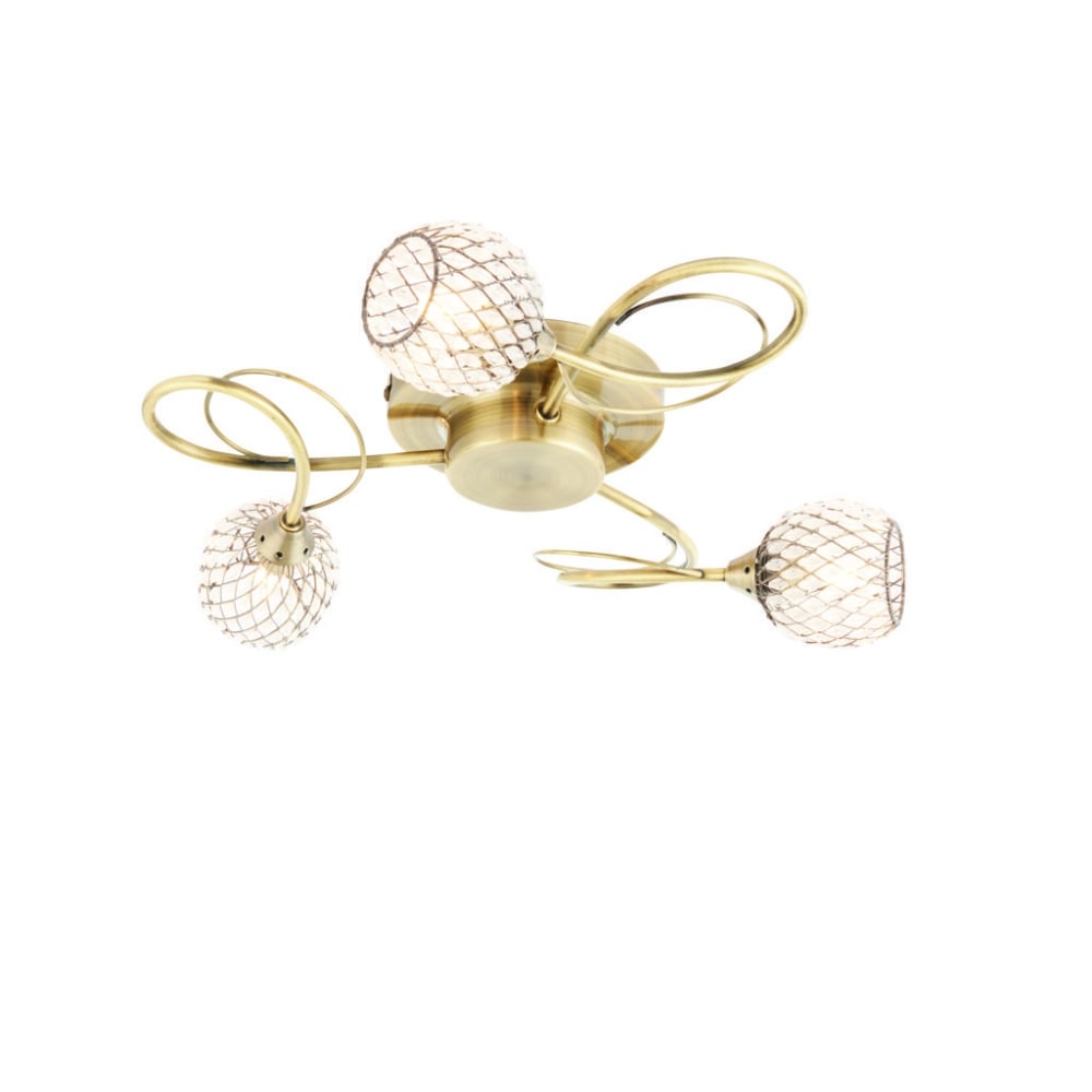 73758 Aherne 3 Light Semi Flush Ceiling Antique Brass Clear Bead Shade