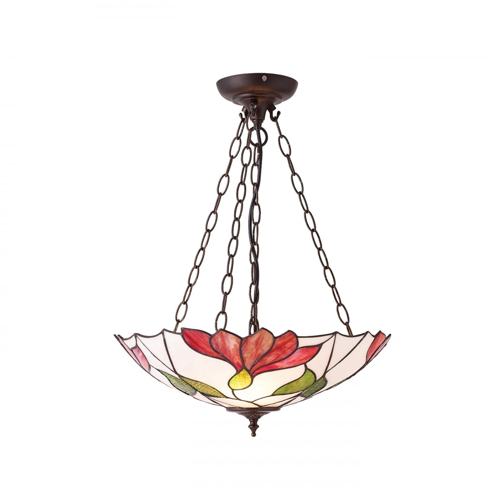 70946 Botanica Inverted 3 Light Pendant Tiffany Style Glass Bronze