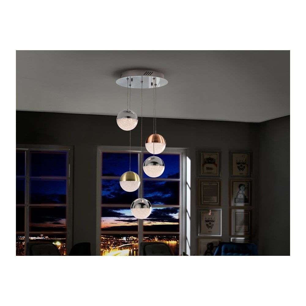 793534 Sphere 5 Light LED Pendant Chrome Brass Copper Clear