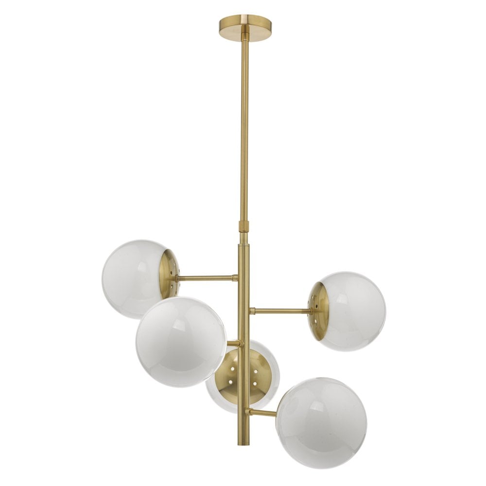 Dar BOM0535 Bombazine 5 Light Pendant Natural Brass Opal Glass