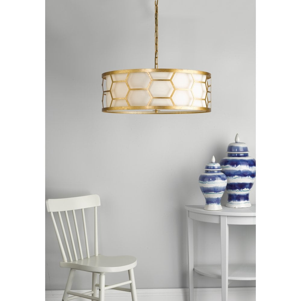 Dar EPS0412 Epstein 4 Light Pendant Gold With Ivory Shade Frosted Glass Diffuser