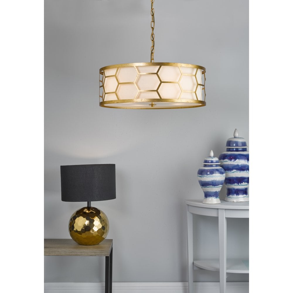 Dar EPS0412 Epstein 4 Light Pendant Gold With Ivory Shade Frosted Glass Diffuser
