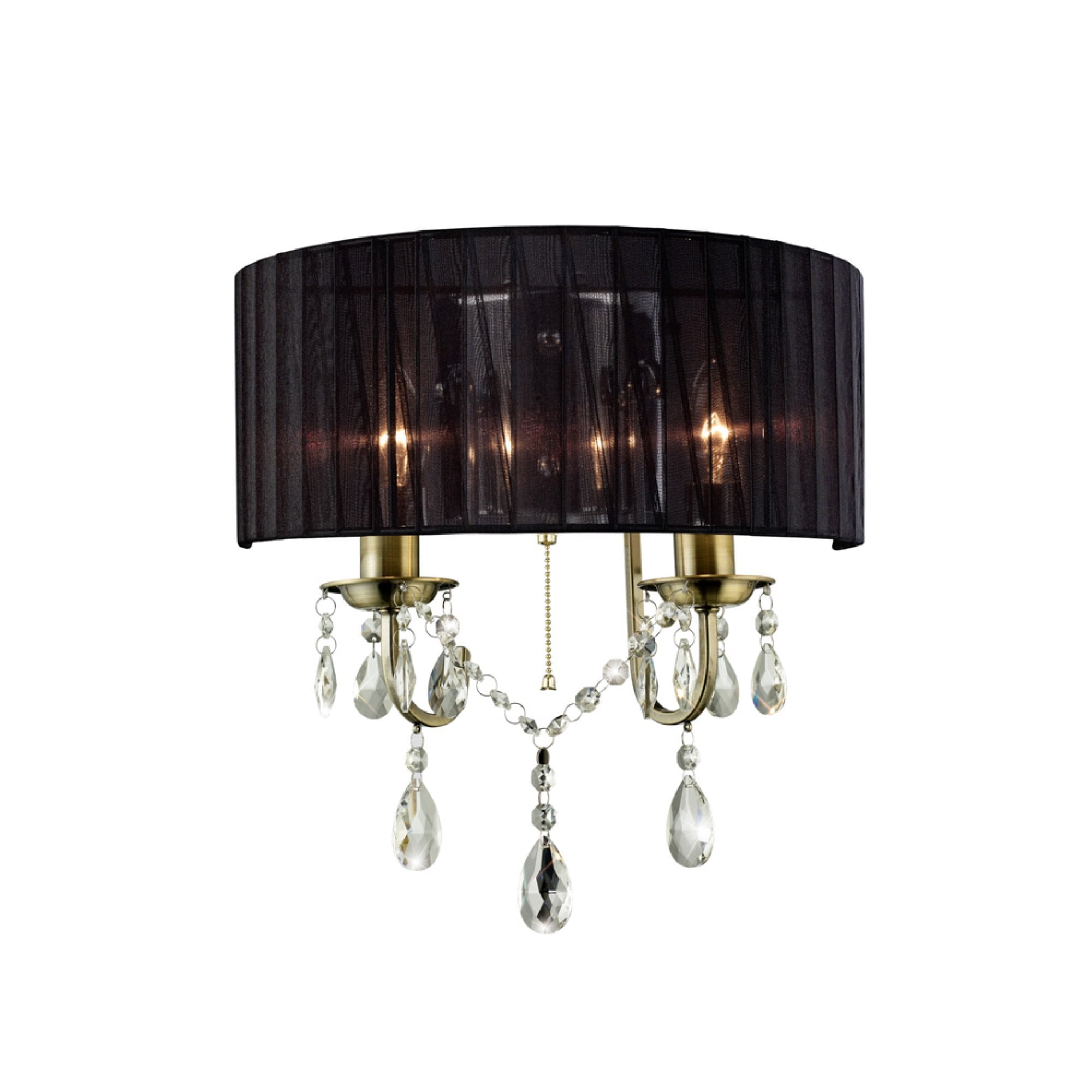 IL30064 Olivia Wall Lamp With Black Shade 2 Light Antique Brass/Crystal