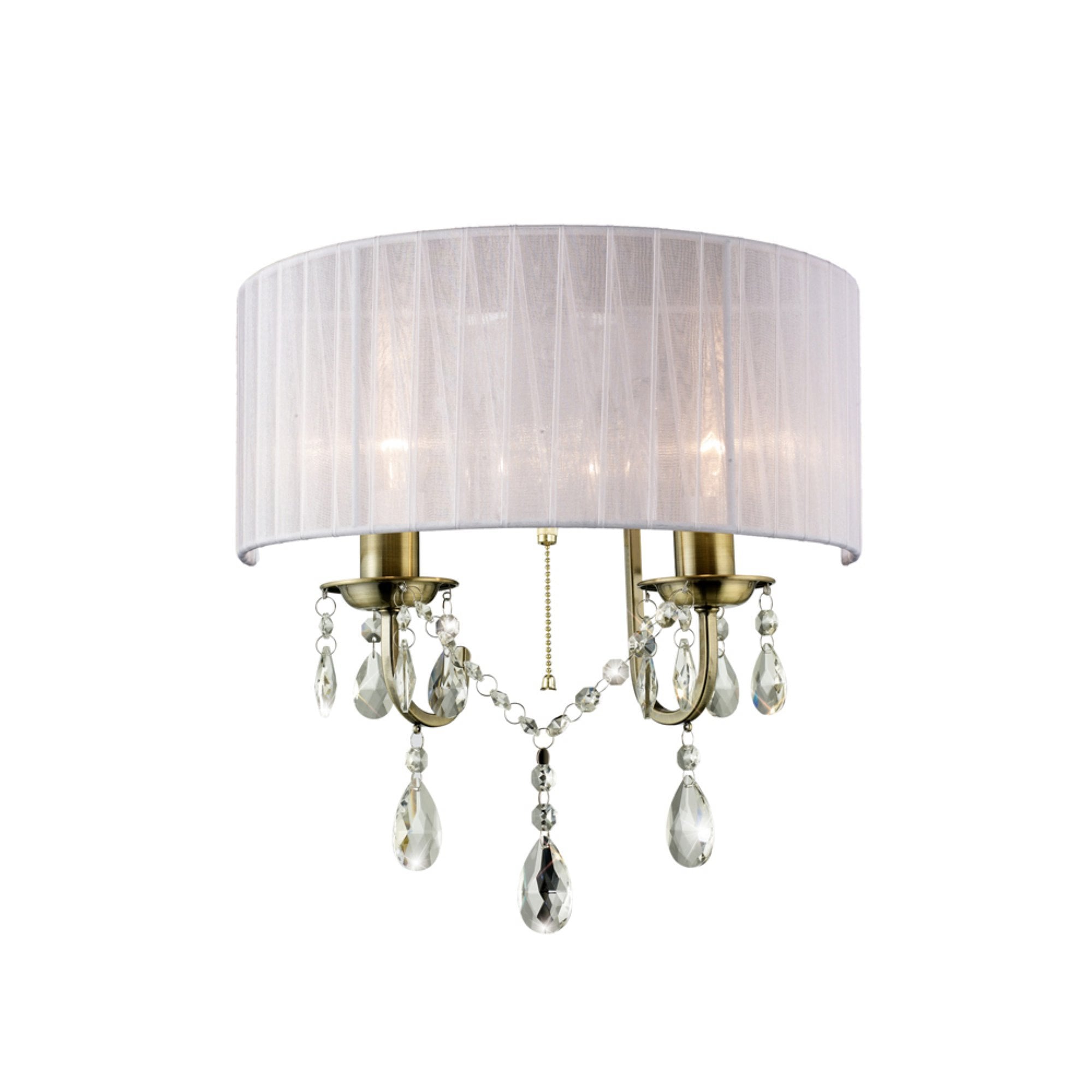 IL30064 Olivia Wall Lamp Switched With White Shade 2 Light Antique Brass/Crystal
