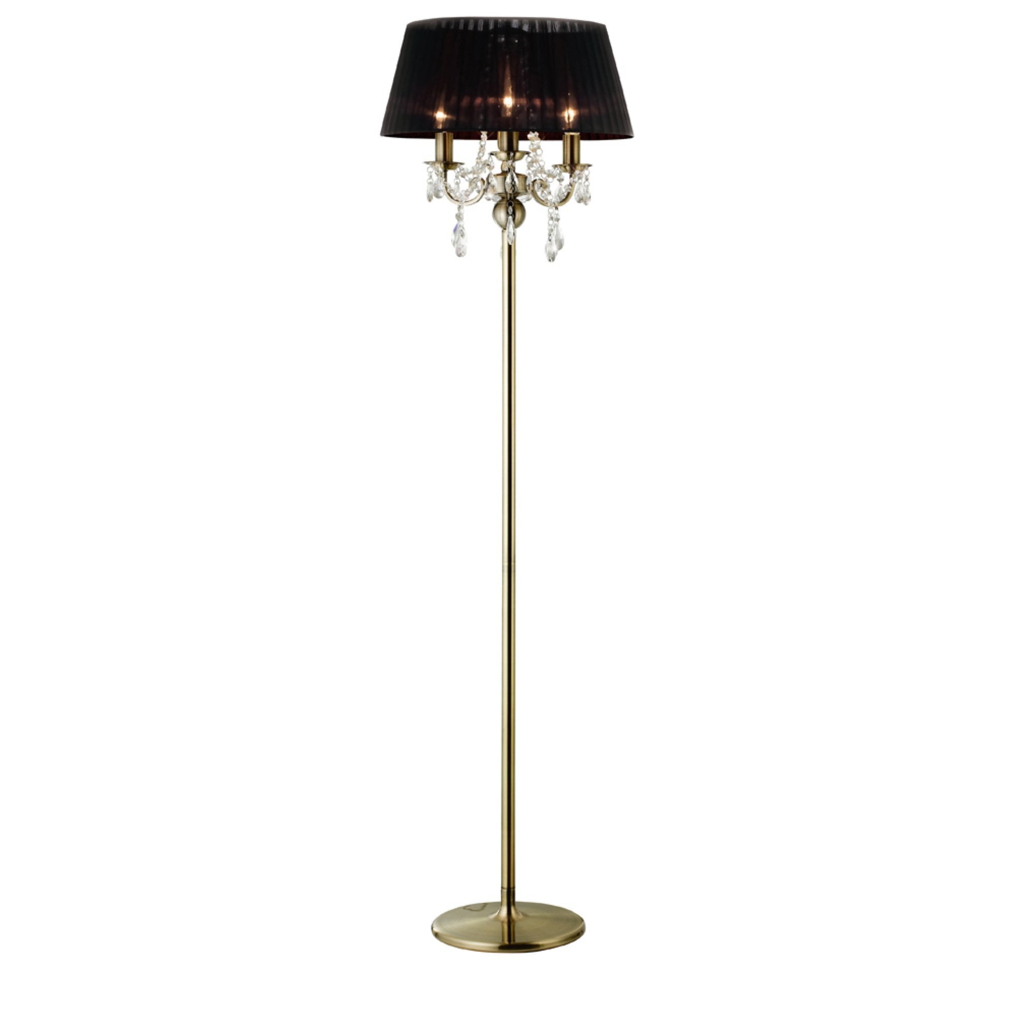 IL30066 Olivia Floor Lamp With Black Shade 3 Light Antique Brass/Crystal